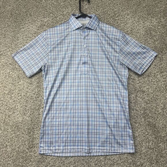 Collars And Co Polo Mens Small Blue Plaid Performance Golf Short Sleeve Poly - Picture 1 of 14